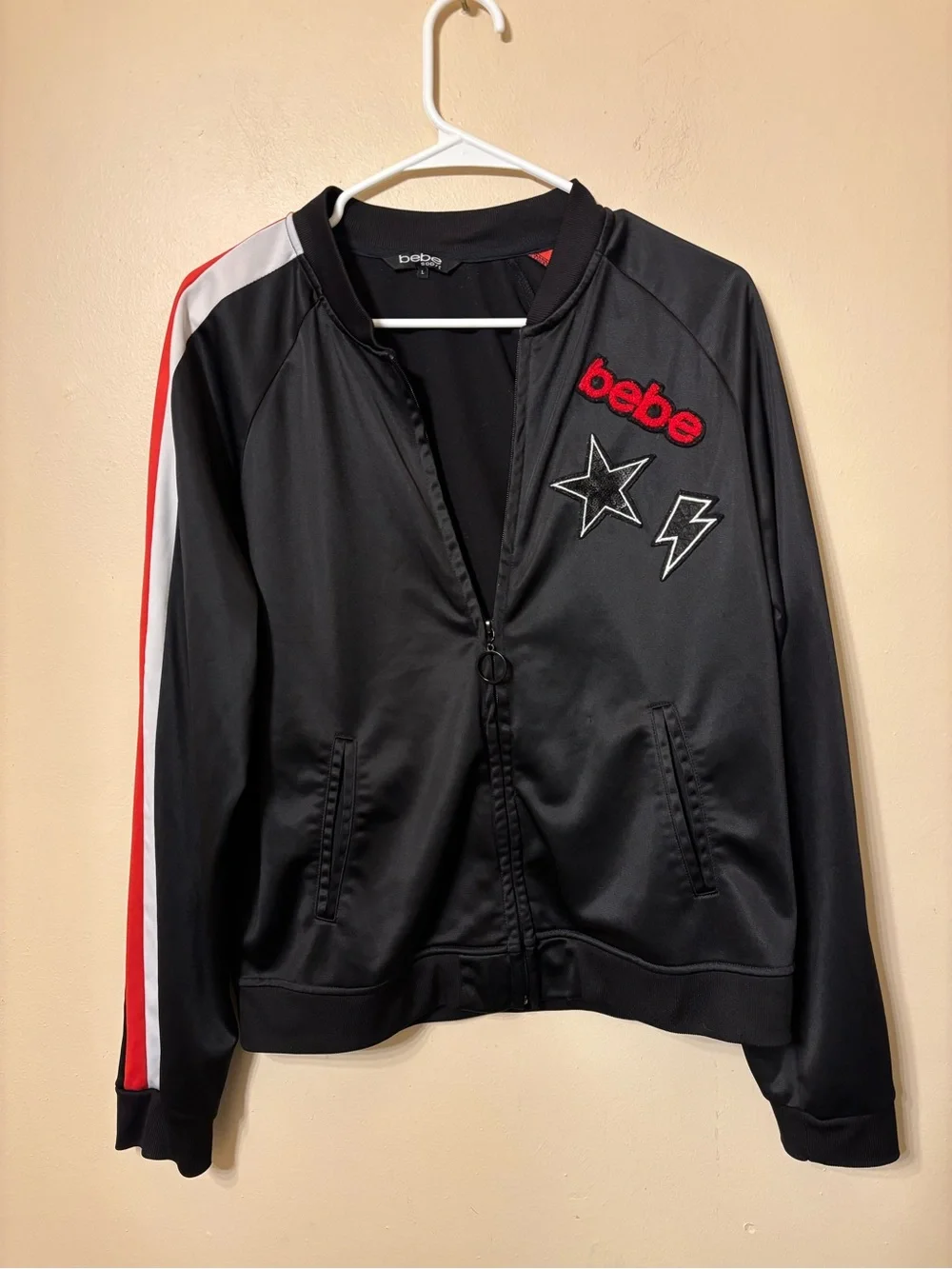 bebe sport Black Bomber Jacket with Red and White Sleeve Stripes size L